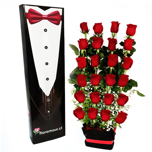  Exclusiva caja de 24 rosas presentación gráfica Tuxedo. Servicio solo en Santiago de Chile. Seleccione color de las rosas: